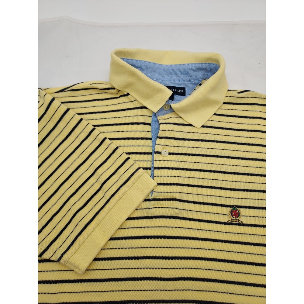 Tommy Hilfiger Mens Yellow Navy Blue Striped Cotton Pique Polo Shirt Size M